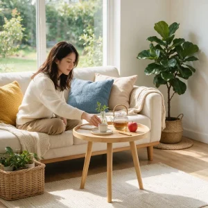 3-Legged Round Bamboo Coffee Table Tray Top Side End Accent Table for Living Room Bedroom Balcony Small Space Home Furniture