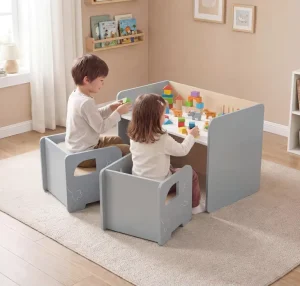 3 PCS Kids Table and Chairs All in One Wooden Montessori Desk Set W Chalkboard Storage Shelves for Home School