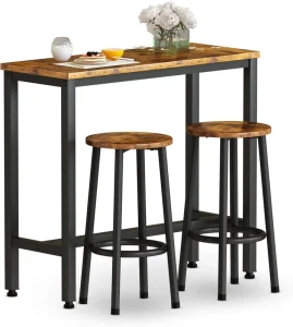 3 Piece Bar Table Set 39.3″ Industrial Bar Height Counter Table and Round Stool for Restaurant and Coffee Shop