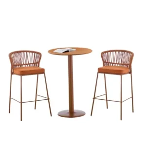 3 Piece Outdoor Bar Table Set Woven Rope Bar Stools with Round High Table Patio Bistro Bar Set