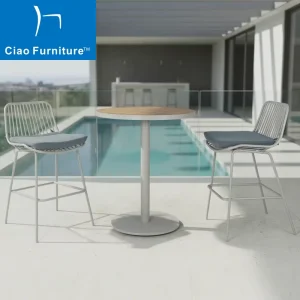 3 Pieces Rooftop Restaurant Outdoor Patio Bar Furniture Set Aluminum PS Wood Top Round High Bar Table Armless Bar Stools