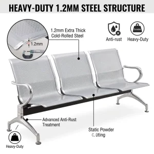 3 Seat Gang Chair Cold Rolled Steel Chrome Perforated Panel Waiting Room Hospital Airport Lobby Armrest Seating