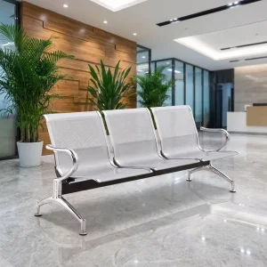 3 Seater Public Bench Chair Cold Rolled Steel Chrome Perforated Seat Curved Armrest Hospital Airport Waiting Area