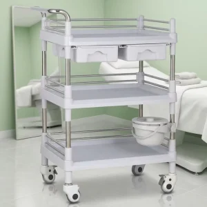 3 Tier ABS Shelves Stainless Steel Support With Drawers and Bucket Multifunction Hospital Trolley