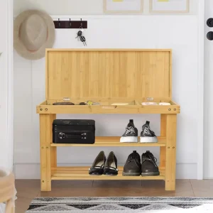 3 Tier Bamboo Shoe Rack Bench with Storage Drawer Entryway Shoe Storage Organizer Bench for Hallway Bedroom Bathroom Living Room
