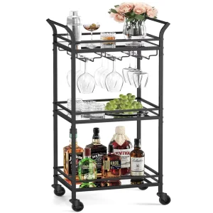 3 Tier Carbon Steel Rolling Bar Cart With Wine Glass Holder Mobile Hotel Drinks Serving Trolley for Home Pub Kitchen