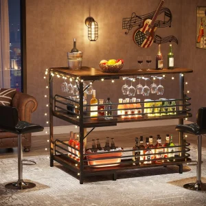 3 Tier Liquor Bar Table Storage Shelves Wine Glass Holder Industrial Corner Wine Bar Cabinet Mini Bar MDF Iron