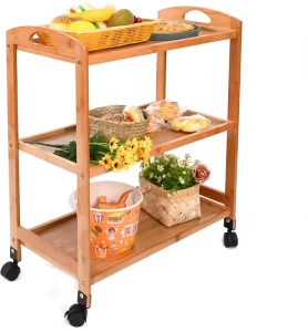3 Tier Modern Bamboo Rolling Cart Kitchen Serving Organizer Storage Rack Mobile Trolley with Lockable Wheels Hotel Home Bar