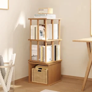 3 Tier Rotating Multifunction Beech Wood Frame Bookshelf Tower with Spinning Bookcase and Storage Base