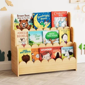 3 Tier Scalloped Bookshelf Wooden Book Shelf Organizer Display Furniture for Kids Rooms Nursery and Classroom