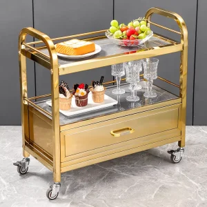 3 Tier Serving Trolley with Drawer Golden Metal Frame for Hotel Restaurant Fast Food Service