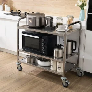 3 Tier Stainless Steel 201 Rolling Cart Mobile Utility Trolley for Kitchen Hotel Office Lab