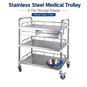 3 Tier Stainless Steel Medical Trolley Hospital Clinic Treatment Cart with Drawer Bowl Holder for Medical Supplies