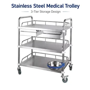 3 Tier Stainless Steel Medical Trolley Hospital Clinic Treatment Cart with Drawer Bowl Holder for Medical Supplies