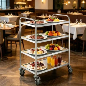 304 430 Stainless Steel Heavy Duty Rolling Service Cart Mobile 4 Layer Round Kitchen Trolley for Buffet Catering
