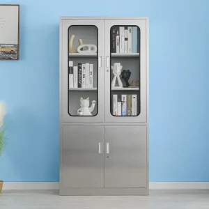 304 Stainless Steel File Cabinet 2 Glass Door 2 Steel Door 3pcs Adjustable Partitions School Enterprise Sterile Storage Cabinet