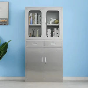 304 Stainless Steel File Cabinet 2 Glass Doors 2 Drawers 2 Steel Door School Enterprise Laboratory Hospital Sterile Storage Cabinet