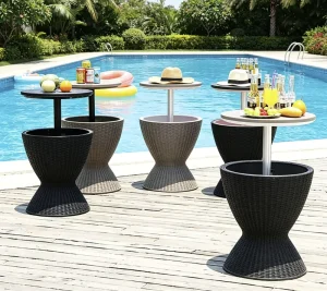 30L Rattan Look Plastic Cooler Table Weather Resistant Backyard Ice Bucket Elevating Patio Bar Table for Deck BBQ