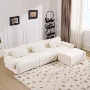 3+1 White Chenille Modular Compression Sofa with Ottoman Pillows Deep Seat Couch for Living Room Bedroom