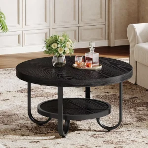 31.1 Inch Round Coffee Table 2 Tier Storage Shelf Curved Metal Legs Center Side Table Small Living Room Apartment Home Furniture