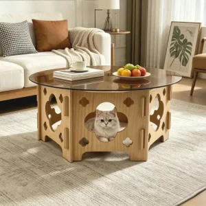 31.1″ Round Tempered Glass Coffee Table with Cat Nest for Living Room Office