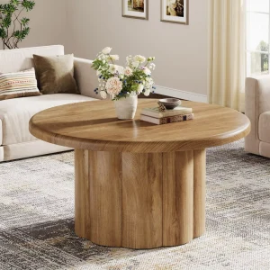 31.5″ Round Coffee Table for Living Room Farmhouse Circle Center Cocktail Table with Fluted Drum Base