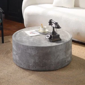 31.5″ Round Coffee Table with Faux Concrete Finish for Living Room Modern Drum Circle Coffee Table for Living Room