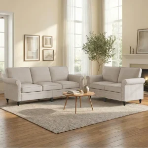 3+2 Living Room Sofa Set Couch Loveseat Modern Linen Sofa Couch Furniture with Nailhead Trim Design Couches for Living Room