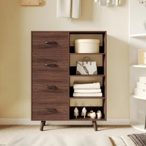 32″ Walnut 6-Cube Organizer Bookcase with 3 Drawers and Fabric Bins Mid-Century Display Shelf for Home Office