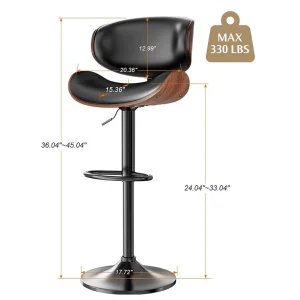330 LBS Bar Stool Contoured Seat Separate Backrest Outer Shell Built in Footrest Gas Lift Matte Black Base for Pub Kitchen