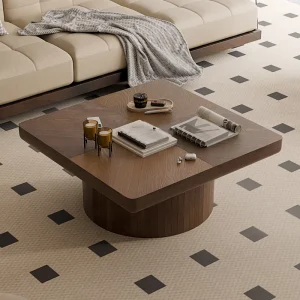 34.6” Square Coffee Table for Living Room Modern Cylindrical Base Thickened Tabletop Easy Assembly Walnut Colour