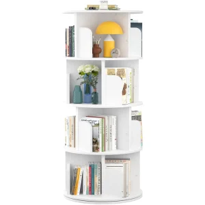 360 Degree Rotating Bookshelf 4 Tier Wooden Floor Standing Bookcase Storage Rack for Home Office Workshop Kids Room