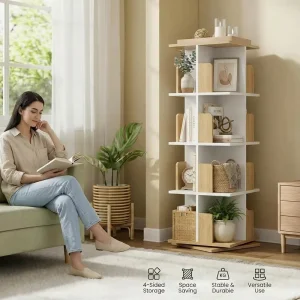 360 Degree Rotating Solid Wood Modern 5 Tier Space Saving Eco Friendly Living Room Furniture Bookshelf for Bedroom Study Kids