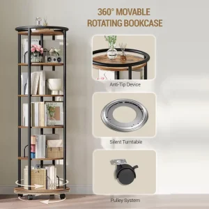 360 Rotating Stainless Steel Bookshelf with Wheels 5 Tier Narrow Spinning Bookcase Tower Modern Mobile Storage Organizer