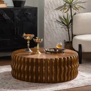 37.4″ Ribbed Wave Round Coffee Table Solid Wood MDF Modern Fluted Drum Center Table for Living Room Apartment