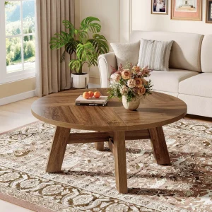 39 Inch Mid Century Modern Round Coffee Table Reinforced Cross Brace Wood Circle Center Side Table for Living Room