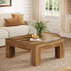 39.37 Inch Farmhouse Square Coffee Table Low Large Center Side Tea Table Sturdy Legs Rustic Brown Living Room Easy Assembly