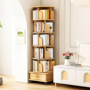 4/5 Tier Rotating Bookshelf Wood Corner Book Shelf 360 Degree Rotation Narrow Bookcase with Silent Universal Wheels