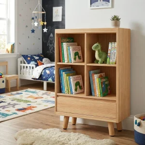 4 Cube Bookshelf with 1 Drawer Wood Cube Bookcase with Legs Open Cubby Bookshelves for Bedroom Living Room Home Office