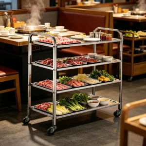 4 Layer Hotpot Restaurant Kitchen Food Cart Silver Stainless Steel Kitchen Service Trolley with Wheels