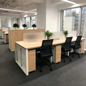 4 Person Linear Team Workstation Shared Steel Leg Integrated Side Pedestal Cable Management E0 Grade MFC