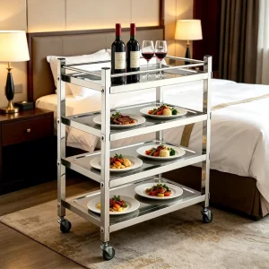 4 Shelf Beverage Food Push Cart Stainless Hotel Trolley Room Food Service Cart With Edge Frame