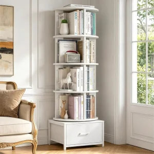 4 Tier Bamboo 360 Degree Rotating Bookshelf With Storage Drawer Freestanding Vertical Revolving Bookcase Narrow Corner