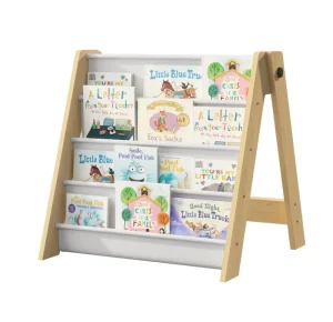4 Tier Foldable Kids Bookshelf Large Capacity Montessori Sling Bookcase with Deep Fabric Pockets Magazine and Book Storage Rack