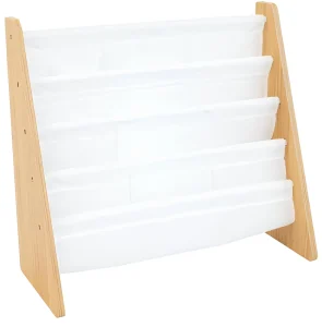 4 Tier Modern Kids Sling Bookshelf with Natural Wood Frame and White Fabric Pockets for Living Room Children Books and Magazines