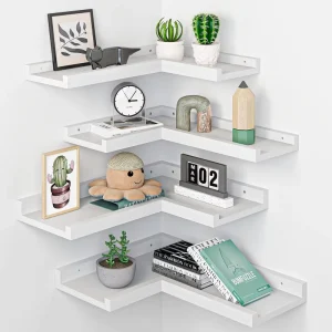 4 Tier Modern White Corner Wall Shelves Wooden Corner Floating Ledge Shelves With Lip L Shaped Corner Shelf For Living Room