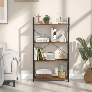4 Tier Rustic Bookshelf Plant Stand MDF Wood Metal Frame for Home Office Living Room Dining Workshop Use