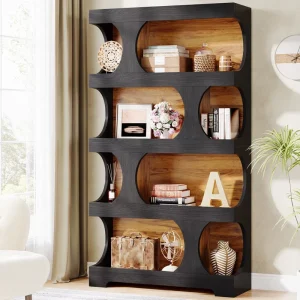 4 Tier S Shaped Wood High Bookcase Freestanding Display Shelves Bookshelf Home Office Furniture