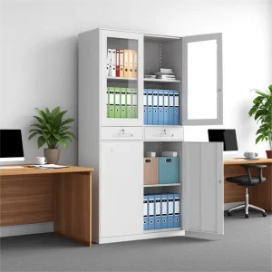 4 Tier Steel Office File Cabinets Office Home Furniture Steel Glass Cupboard Wardrobe Tall Metal Storage Cabinet with 2 Drawers