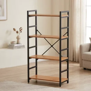 4 Tiers Modern Bookshelf Tall Display Shelves Living Room Home Office Storage Organizer CDs Books Movies Wood Space Saving